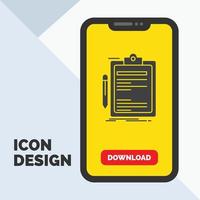 Contract. check. Business. done. clip board Glyph Icon in Mobile for Download Page. Yellow Background vector