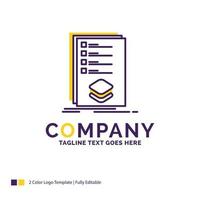 diseño de logotipo de nombre de empresa para categorías. controlar. lista. listado. Marcos. diseño de marca púrpura y amarillo con lugar para eslogan. plantilla de logotipo creativo para pequeñas y grandes empresas. vector