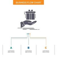 regalo. sorpresa. solución. ocurrencia. diseño de diagrama de flujo de negocios de cumpleaños con 3 pasos. icono de glifo para el lugar de plantilla de fondo de presentación para texto. vector