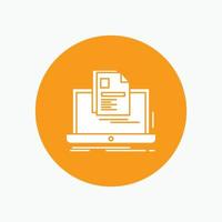 account. Laptop. Report. Print. Resume White Glyph Icon in Circle. Vector Button illustration
