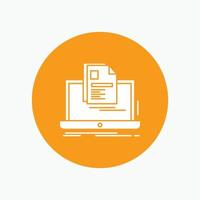 account. Laptop. Report. Print. Resume White Glyph Icon in Circle. Vector Button illustration