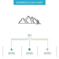 Cerro. paisaje. naturaleza. montaña. diseño de diagrama de flujo de negocios de escena con 3 pasos. icono de línea para el lugar de plantilla de fondo de presentación para texto vector