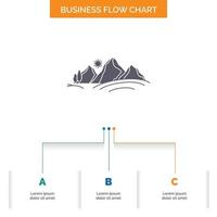 Cerro. paisaje. naturaleza. montaña. diseño de diagrama de flujo de negocios de sol con 3 pasos. icono de glifo para el lugar de plantilla de fondo de presentación para texto. vector