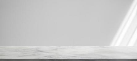Marble table with window shadow drop on white wall background for mockup product display photo
