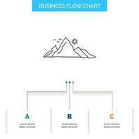 mountain. landscape. hill. nature. sun Business Flow Chart Design with 3 Steps. Line Icon For Presentation Background Template Place for text vector