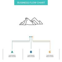 mountain. landscape. hill. nature. scene Business Flow Chart Design with 3 Steps. Line Icon For Presentation Background Template Place for text vector