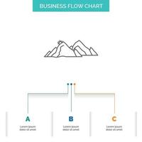 montaña. paisaje. Cerro. naturaleza. diseño de diagrama de flujo de negocios de escena con 3 pasos. icono de línea para el lugar de plantilla de fondo de presentación para texto vector