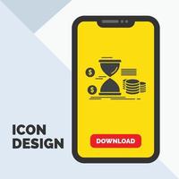Hourglass. management. money. time. coins Glyph Icon in Mobile for Download Page. Yellow Background vector