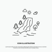 cascada. árbol. dolor. nubes icono de la naturaleza. símbolo gris vectorial de línea para ui y ux. sitio web o aplicación móvil vector