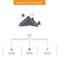 mountain. landscape. hill. nature. scene Business Flow Chart Design with 3 Steps. Glyph Icon For Presentation Background Template Place for text. vector