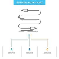 audio. cable. cord. sound. wire Business Flow Chart Design with 3 Steps. Line Icon For Presentation Background Template Place for text vector