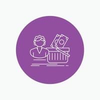 salario. compras. cesta. compras. icono de línea blanca femenina en el fondo del círculo. ilustración de icono de vector