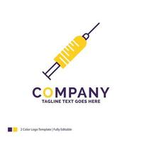 Company Name Logo Design For syringe. injection. vaccine. needle. shot. Purple and yellow Brand Name Design with place for Tagline. Creative Logo template for Small and Large Business. vector
