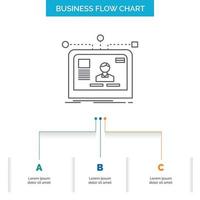 interface. website. user. layout. design Business Flow Chart Design with 3 Steps. Line Icon For Presentation Background Template Place for text vector