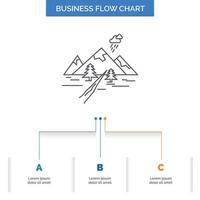 rocas Cerro. paisaje. naturaleza. diseño de diagrama de flujo de negocios de montaña con 3 pasos. icono de línea para el lugar de plantilla de fondo de presentación para texto vector