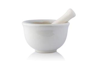 white mortar and pestle isolated on white background photo