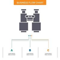 binoculars. find. search. explore. camping Business Flow Chart Design with 3 Steps. Glyph Icon For Presentation Background Template Place for text. vector