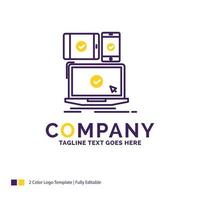 Company Name Logo Design For computer. devices. mobile. responsive. technology. Purple and yellow Brand Name Design with place for Tagline. Creative Logo template for Small and Large Business. vector