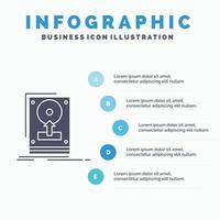 Instalar en pc. conducir. disco duro ahorrar. cargue la plantilla de infografía para el sitio web y la presentación. icono de glifo gris con ilustración de vector de estilo infográfico azul.