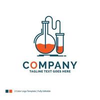 análisis. química. matraz. investigar. diseño de logotipo de prueba. diseño de marca azul y naranja. lugar para el eslogan. plantilla de logotipo de empresa. vector