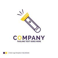 diseño del logotipo del nombre de la empresa para antorcha. luz. destello. cámping. senderismo. diseño de marca púrpura y amarillo con lugar para eslogan. plantilla de logotipo creativo para pequeñas y grandes empresas. vector