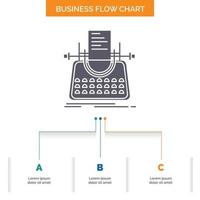 artículo. Blog. historia. máquina de escribir. diseño de diagrama de flujo de negocios de escritor con 3 pasos. icono de glifo para el lugar de plantilla de fondo de presentación para texto. vector