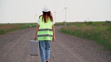 donna professionale ecologia specialista nel uniforme con speciale attrezzatura nel mano va per servizio un' mulino a vento. alternativa e rinnovabile energia. moderno tecnologia. verde elettricità concetto. video