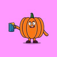 lindo personaje de dibujos animados de calabaza con vaso de cerveza vector