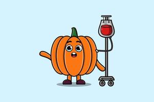 linda caricatura de calabaza con transfusión de sangre vector