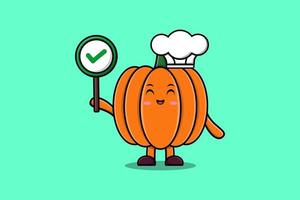 Cute cartoon Pumpkin chef hold correct sign board vector