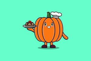 Cute Cartoon chef Pumpkin serving cake on tray vector