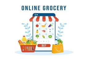 Online Grocery Store or Supermarket to Order Daily Necessities or Food via the App in Flat Cartoon Hand Drawn Templates Illustration vector