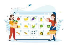Online Grocery Store or Supermarket to Order Daily Necessities or Food via the App in Flat Cartoon Hand Drawn Templates Illustration vector