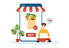 Online Grocery Store or Supermarket to Order Daily Necessities or Food via the App in Flat Cartoon Hand Drawn Templates Illustration vector