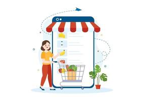 Online Grocery Store or Supermarket to Order Daily Necessities or Food via the App in Flat Cartoon Hand Drawn Templates Illustration vector