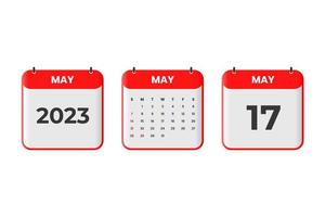 diseño de calendario de mayo de 2023. 17 de mayo de 2023 icono de calendario para horario, cita, concepto de fecha importante vector