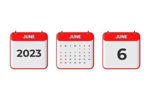 Diseño de calendario de junio de 2023. 6 de junio de 2023 icono de calendario para horario, cita, concepto de fecha importante vector