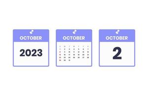 October calendar design. October 2 2023 calendar icon for schedule, appointment, important date concept vector