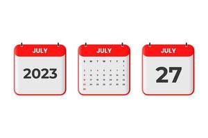 July 2023 calendar design. 27th July 2023 calendar icon for schedule, appointment, important date concept vector