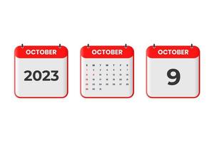 October 2023 calendar design. 9th October 2023 calendar icon for schedule, appointment, important date concept vector