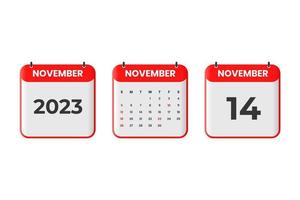 November 2023 calendar design. 14th November 2023 calendar icon for schedule, appointment, important date concept vector