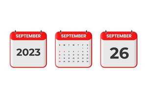 September 2023 calendar design. 26th September 2023 calendar icon for schedule, appointment, important date concept vector