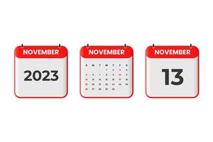 November 2023 calendar design. 13th November 2023 calendar icon for schedule, appointment, important date concept vector