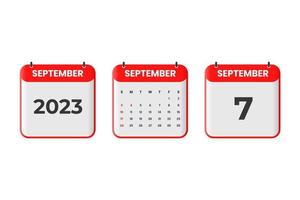 September 2023 calendar design. 7th September 2023 calendar icon for schedule, appointment, important date concept vector