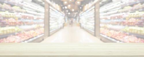 Wood table top with supermarket grocery store blurred background with bokeh light for product display photo