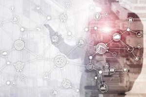 Technology industrial business process workflow organisation structure on virtual screen. IOT smart industry concept mixed media diagram. photo