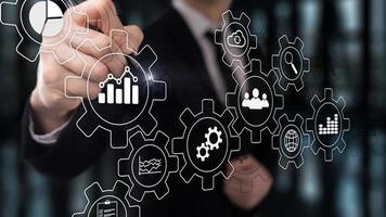 Business process abstract diagram with gears and icons. Workflow and automation technology concept. photo