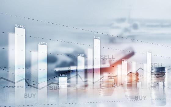 Graph on rows of coins. Financial stock trading graph chart diagram. Exchange and Trading concept. photo