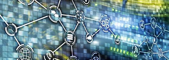 Information and telecommunication technology concept. Diagrams with icons on server room backgrounds photo