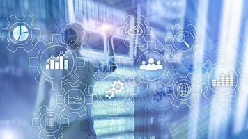 Business process abstract diagram with gears and icons. Workflow and automation technology concept photo